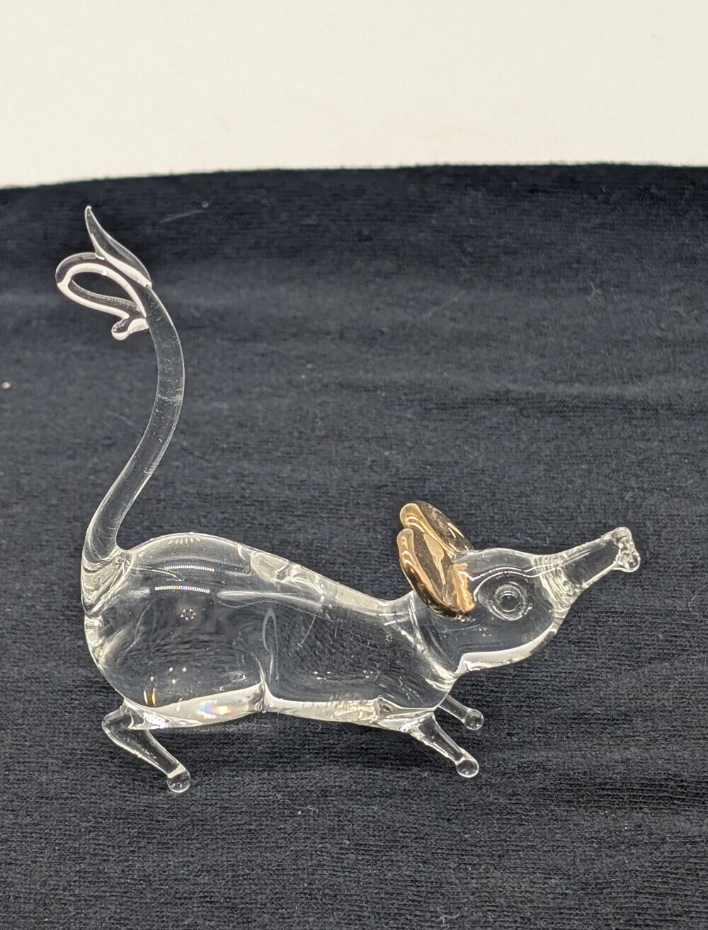 Vintage Hand Blown Glass Mouse Figurine Gold Gilded Ears Clear Art Glass